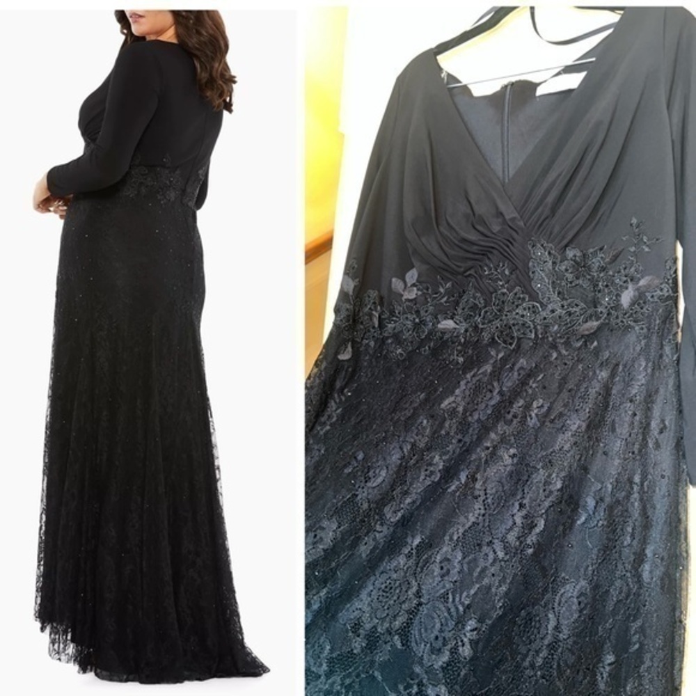 Mac Duggal Black Lace Long Sleeve Empire Gown 14 flawed